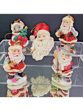 Vintage Christmas Ornaments 4 Santa's And 1 Mouse Resin Taiwan Adorable Set
